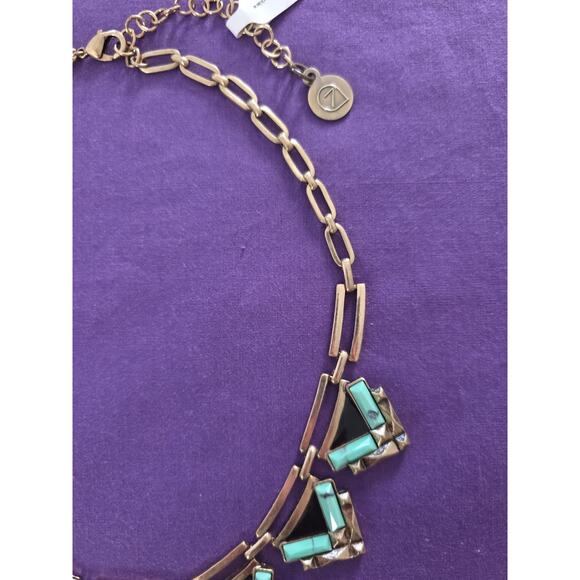 Egyptian Style Statement Necklace Gold Tone Brass Faux Turquoise Chevron Links - Picture 5 of 8